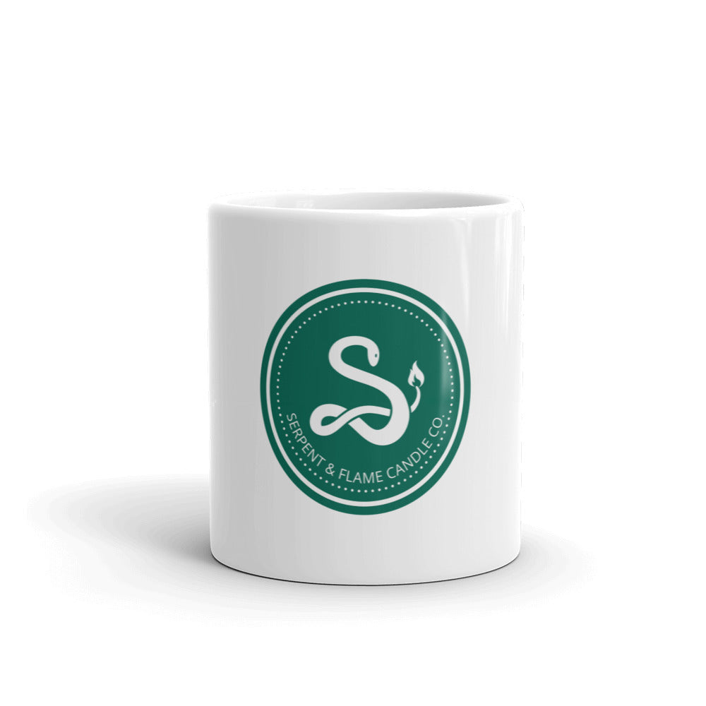 Serpent and Flame Round Logo White glossy mug