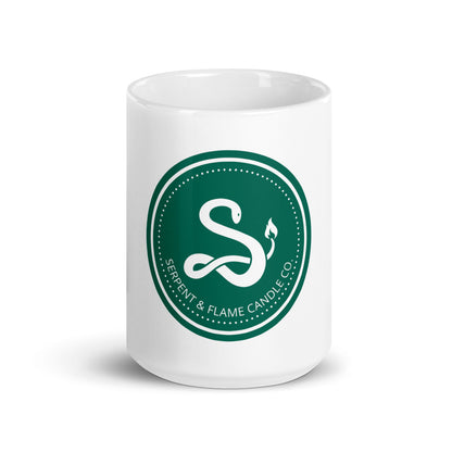 Serpent and Flame Round Logo White glossy mug