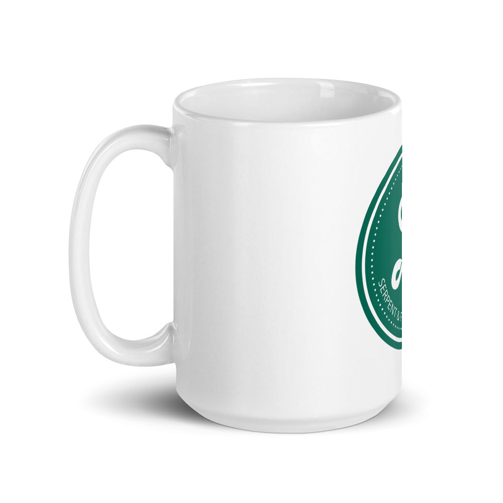 Serpent and Flame Round Logo White glossy mug